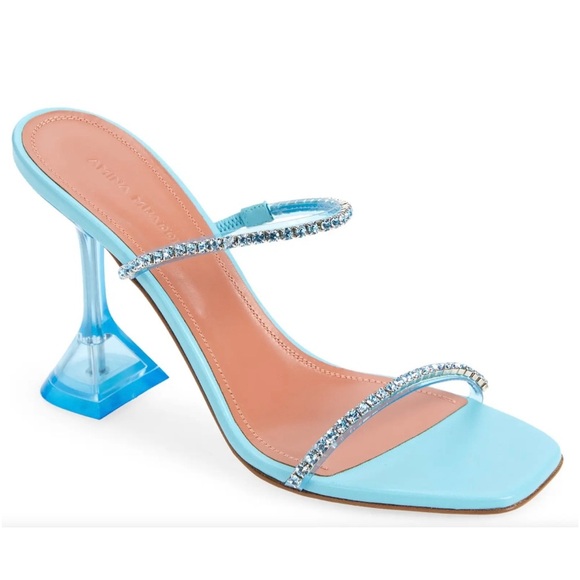 Amina Muaddi Gilda Glass Aqua Blue PVC Crystal Strap Mule Pumps - Picture 4 of 14